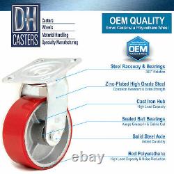 (4) DH Casters 8 Heavy Duty Swivel Red Polyurethane Wheel Container Dumpster