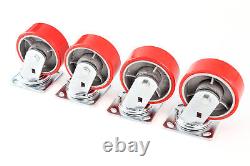 4 Red Wheel Caster Set 5 Wheels All Swivel Heavy Duty Iron Hub No Mark Casters