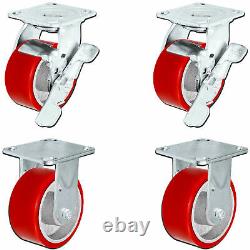 4 x 2 Heavy Duty Caster Set with Red Polyurethane on Steel Wheels, 800 pounds