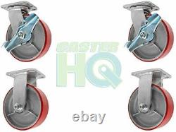 6 x 2 Heavy Duty Caster Set with Red Polyurethane on Steel Wheels, 1,200 lbs C