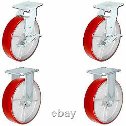 8 x 2. Heavy Duty Caster Set with Red Polyurethane on Steel Wheels, 1,250 poun
