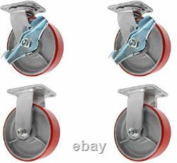 8 x 2 inch Heavy Duty Caster Set with Red Polyurethane on Steel Wheels, 1,250 po