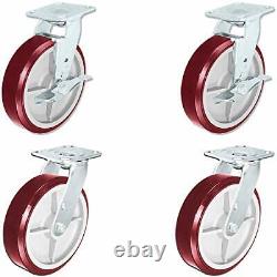 CasterHQ Heavy Duty Polyurethane Swivel Casters with Brake, 8 x 2 Size Pack